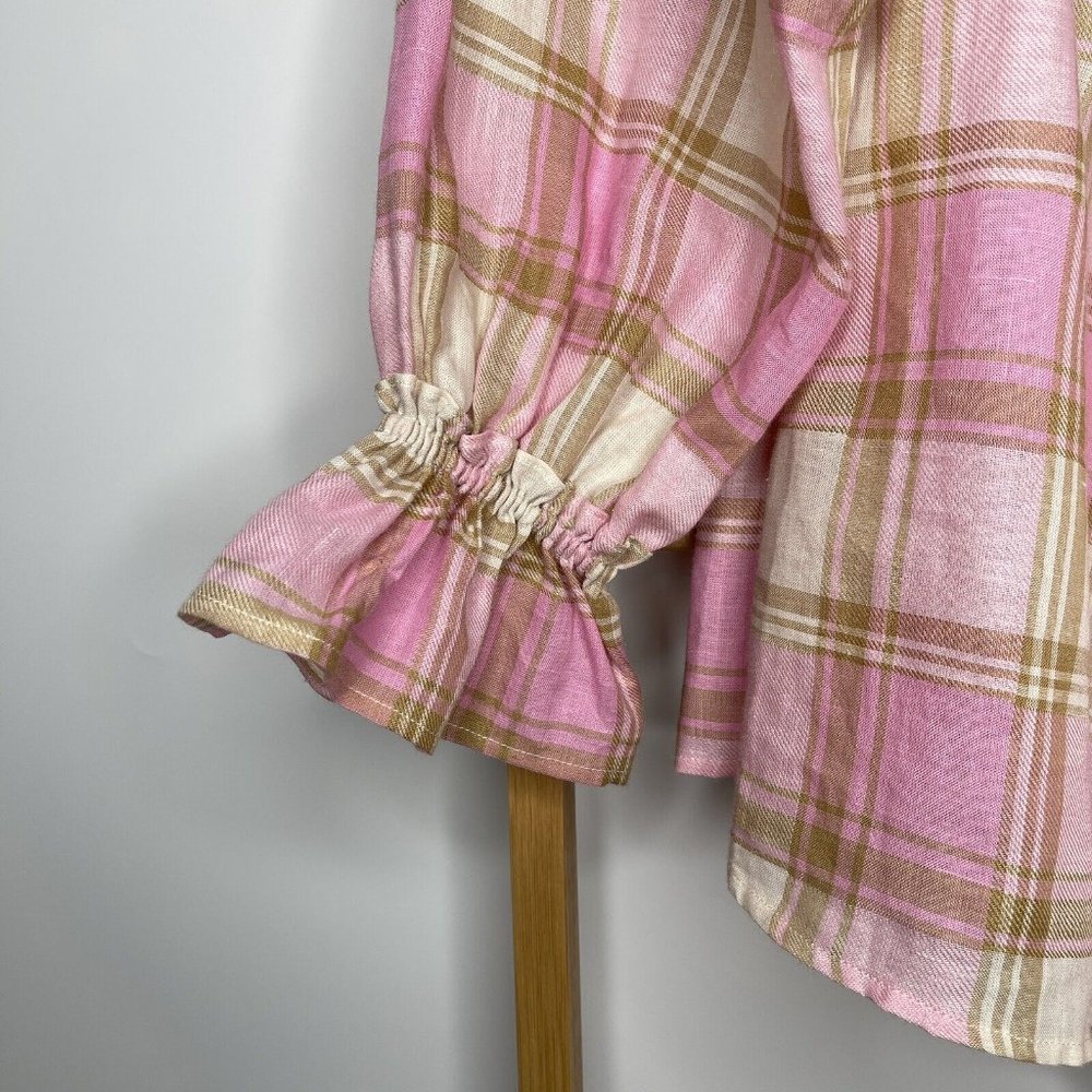 Country Road Pink Check Print Ramie Blouse Top Size 8 Asymmetric Textured Womens - Picture 9 of 13